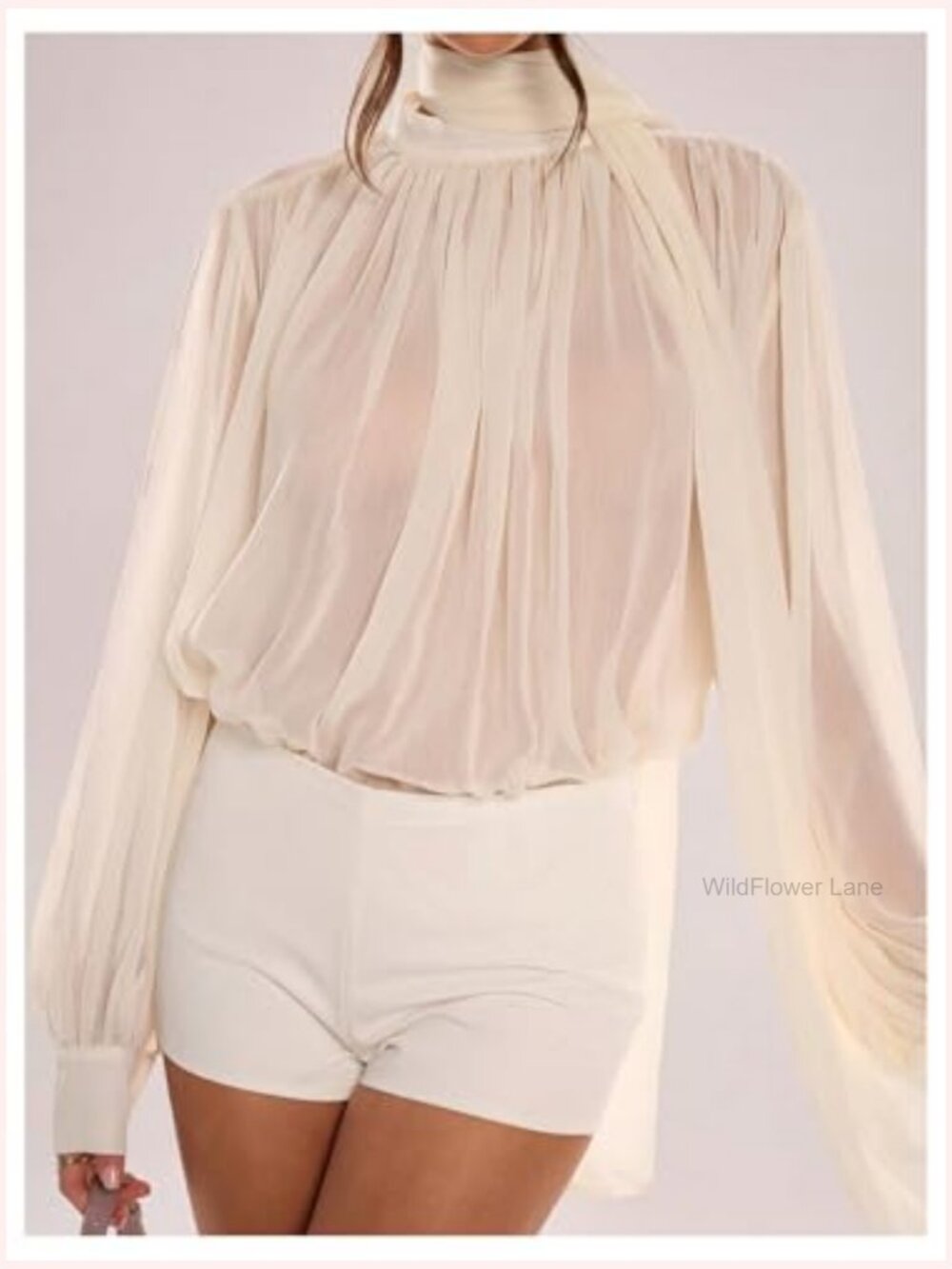 Women's Sheer Chiffon Blouse Lantern Long Sleeve Oversized Top with Scarf - Picture 5 of 6